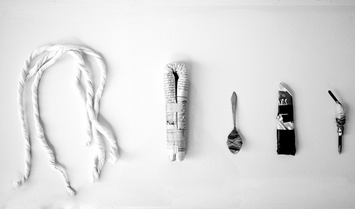 Abbas Akhavan, Makeshift objects: toilet paper (modified), newspaper (modified), tea spoon and thread (modified), date box (modified), eyewear (modified), 2008. Various materials. Photograph by William W. Ting.