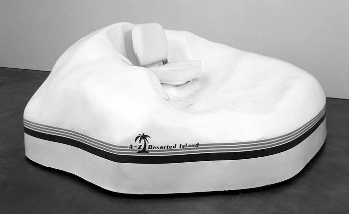 Andrea Zittel, A–Z Deserted Island, 1997. Fiberglass, wood, plastic, flotation tank, vinyl seat, and vinyl logo. One of an edition of ten.