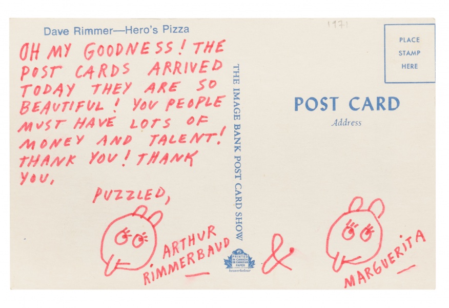 Ray Johnson, postcard, c. 1971. Collection of the Morris and Helen Belkin Art Gallery, Morris/Trasov Archive. Courtesy of the Ray Johnson Estate.